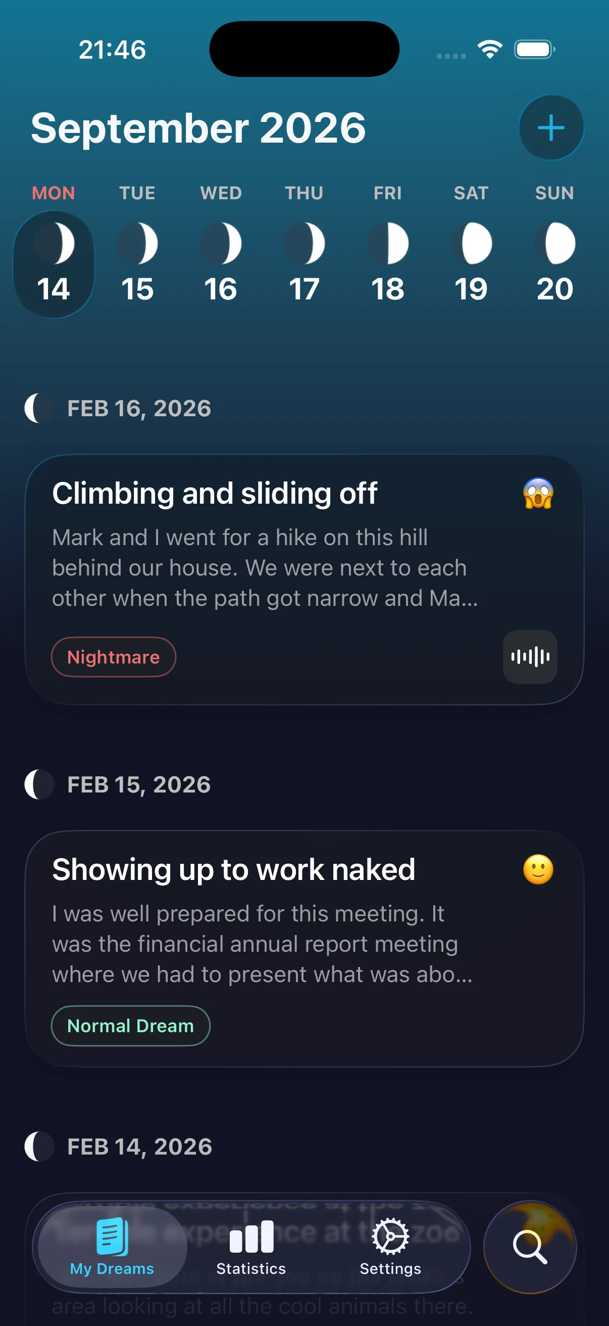 Dreamy private dream journal showing recent dreams and moon phases